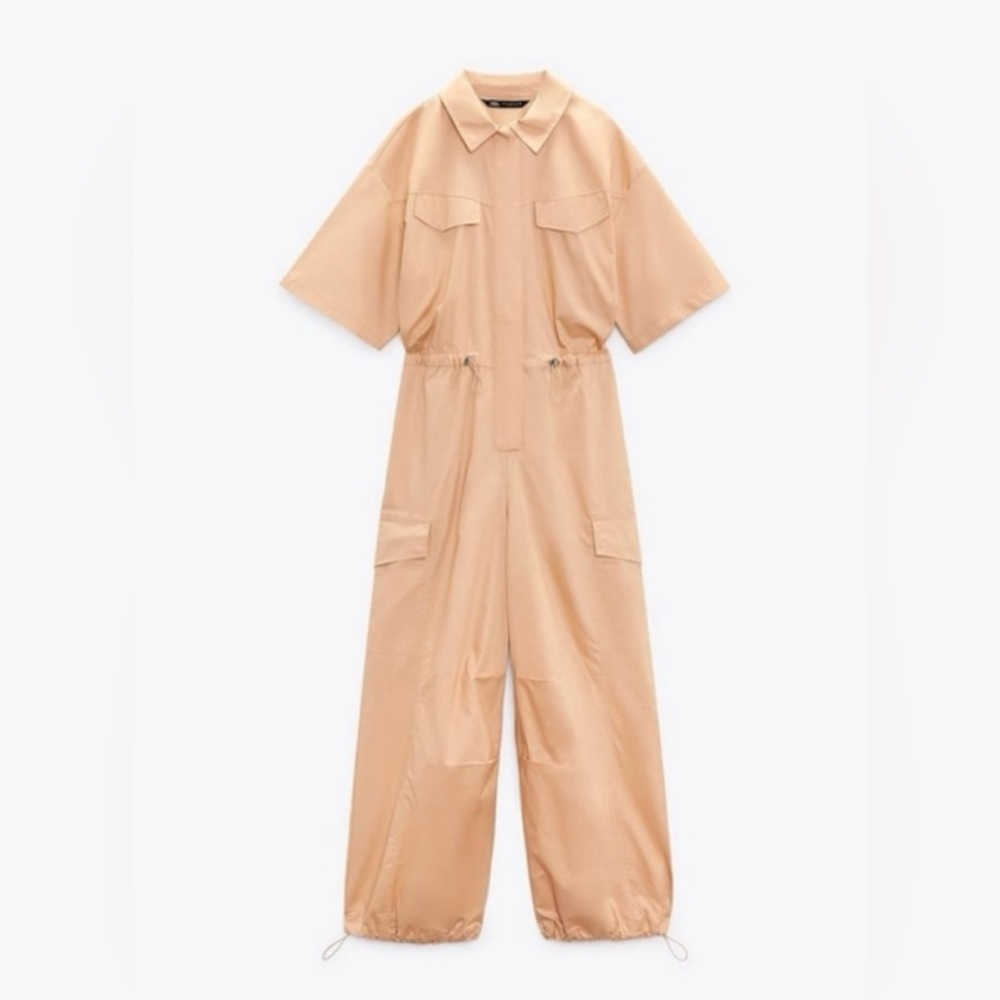 ZARA NWT Shirt-Style Cargo Full Length Oversized Jumpsuit Cotton XS - Picture 2 of 4